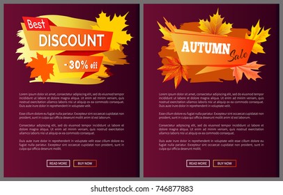 Discounts offer special price invitation vouchers on autumn big sale 2017, fall collection web banners with buttons read more and buy now vector set