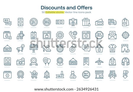 Discounts and Offers line icon pack. Discounts and Offers Stroke icon set. Editable Stroke icon