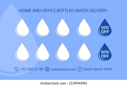 Discounts and offers of price reduction on home and office bottled water delivery. Shipping canisters for home or corporate buildings. Cooled and purified liquid to drink. Vector in flat style