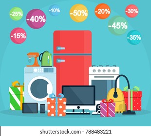 Discounts on appliances. Gifts in the form of electronics. Telephone, vacuum cleaner, refrigerator, washing machine, kettle. In flat style on blue background.