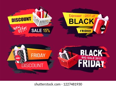 Discounts on Black Friday promotional icons set. Sticker with purchase, wrapped package in shopping cart. Promo label tags with strokes isolated vector