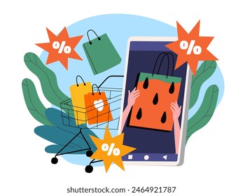 Descuentos en concepto de venta de ropa. Bolsos de compras en Carrito de compras cerca de Cupones con carteles de descuento. Comercio electrónico y marketing. Oferta especial para clientes habituales y Clientes. Ilustración vectorial plana