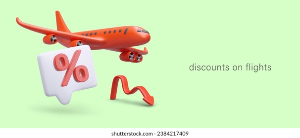 Discounts on flights. Last minute offer. Red realistic airplane, percent sign, arrow pointing down. Color horizontal poster for travel business. Promotion ad