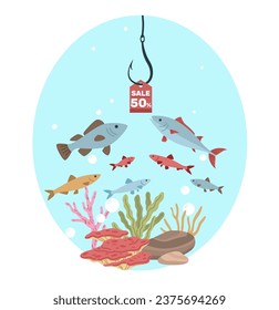 Rabatte auf Haken als Köder für Fische. Funny Sale Werbung. Werbeplakat, Sonderangebot. Rotes Etikett mit Prozent ändern. Attraktive Kunden. Cartoon-Flachstil, einzelne Vektorgrafik-Konzept