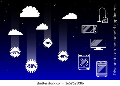Discounts on household appliances. Illustration for trade and market. Falling discounts of 50, 30, 20, 10 % in the form of stars on the background of the night sky and clouds. Horizontal orientation