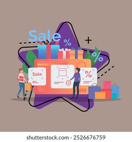 Discounts on payment by credit card vector illustration. Women doing shopping, buying gifts, paying by card. Commerce, shopping, sale, special offer concept can be used for poster or banner design