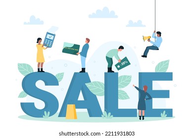 Discounts on sale in retail store vector illustration. Cartoon tiny people holding megaphone, POS terminal and credit card, customers shopping with shopper bag near sale word banner background