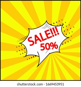 Discounts on sales. Comic offer price signs.  50 percent discount symbols. Speech bubbles or chat symbols. The colored elements. Vector