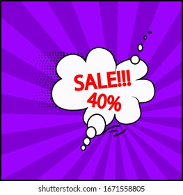 Discounts on sales. Comic offer price signs. 40 percent discount symbols. Speech bubbles or chat symbols. The colored elements. Vector