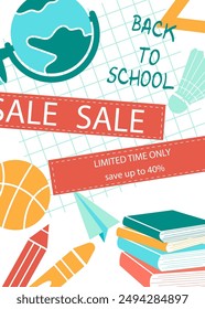 Discounts on school supplies. Welcome back to school background. The design of an educational banner, poster, flyer.