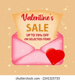 Discounts on selected items for Valentine's Day. Envelope with a letter with the text 70% discount on sale on a festive background. The concept of promoting purchases and discounts on selected items. 