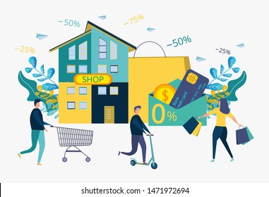 Discounts on services, installments. Attracting customers, buyers. The store sells goods in installments to people, numbers, signs. Interest free sale. Colorful vector illustration.