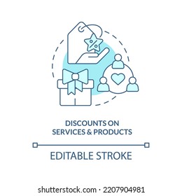 Discounts On Services And Products Blue Concept Icon. Membership Benefits Abstract Idea Thin Line Illustration. Isolated Outline Drawing. Editable Stroke. Arial, Myriad Pro-Bold Fonts Used