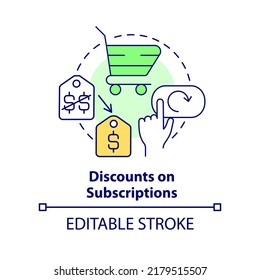 Discounts on subscriptions concept icon. Incentive for customers. Marketing strategy abstract idea thin line illustration. Isolated outline drawing. Editable stroke. Arial, Myriad Pro-Bold fonts used