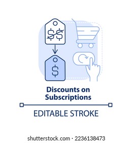 Discounts on subscriptions light blue concept icon. Marketing strategy abstract idea thin line illustration. Isolated outline drawing. Editable stroke. Arial, Myriad Pro-Bold fonts used