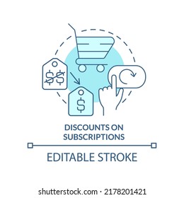 Descuentos en el icono de concepto turquesa de suscripciones. Incentivos. Ilustración de línea delgada de idea abstracta de estrategia de marketing. Dibujo de contorno aislado. Trazo editable. Fuentes Arial, Myriad Pro-Bold utilizadas