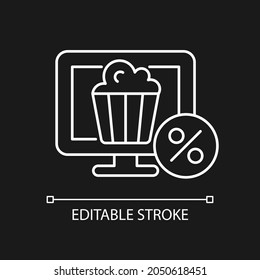 Discounts for online cinema subscription white linear icon for dark theme. Employee satisfaction. Thin line customizable illustration. Isolated vector contour symbol for night mode. Editable stroke