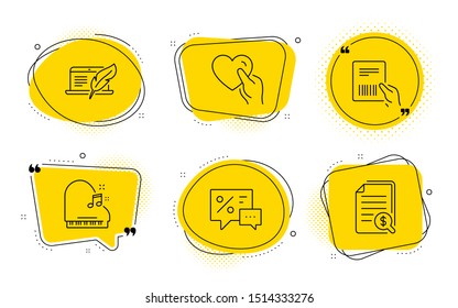 Discounts, Piano and Financial documents signs. Chat bubbles. Copyright laptop, Parcel invoice and Hold heart line icons set. Writer device, Delivery document, Friendship. Best offer. Vector