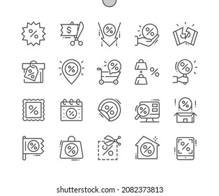 Discounts. Price reduction. Store and shop. Shopping day. Promotion, special price. Pixel Perfect Vector Thin Line Icons. Simple Minimal Pictogram