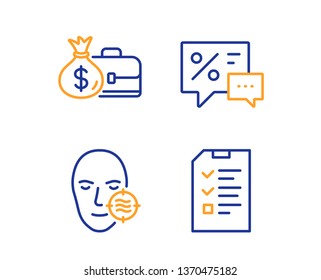 Discounts, Problem skin and Salary icons simple set. Interview sign. Best offer, Facial care, Diplomat with money bag. Checklist file. Business set. Linear discounts icon. Colorful design set. Vector