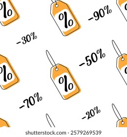 Discounts are prominent on tags showcasing various percentages for sale promotions