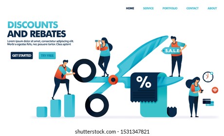 Discounts and rebates in shopping. Butts cut discount voucher. Bonus deduction for e-commerce purchase and service. Discount for payments and bills. Human illustration for website, mobile apps, poster