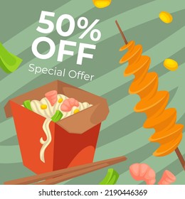 Discounts and reductions of price for chinese food in box, take away or delivery of street meal. Crunchy fried potato on stick, noodles with vegetables served with chopsticks. Vector in flat style