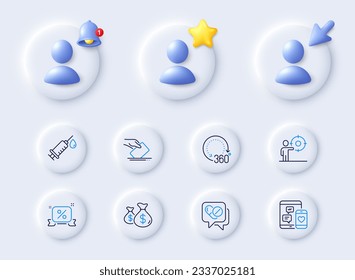 Discounts ribbon, Coins bags and Voting ballot line icons. Placeholder with 3d cursor, bell, star. Pack of 360 degrees, Medical drugs, Medical syringe icon. Vector