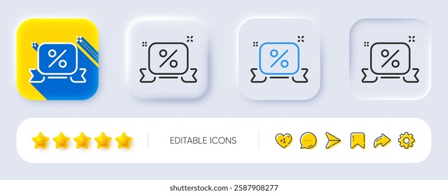 Discounts ribbon line icon. Neumorphic, Flat shadow, 3d buttons. Sale offer sign. Promotion price symbol. Line discounts ribbon icon. Social media icons. Vector