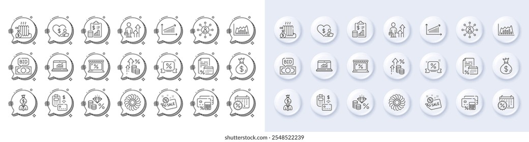 Discounts ribbon, Money calculator and Sale line icons. White pin 3d buttons, chat bubbles icons. Pack of Report, Calendar tax, Chart icon. Vector
