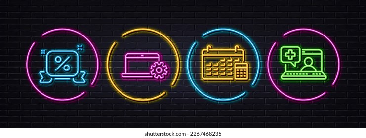 Discounts ribbon, Notebook service and Calendar minimal line icons. Neon laser 3d lights. Medical help icons. For web, application, printing. Sale banner, Computer repair, Calculator device. Vector