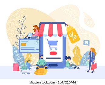 Discounts, Sale, Black Friday in the Online Store in the Mobile Application of the Smartphone. Tiny People choose goods at Low Prices in their Gadgets. Vector illustration Online Business Concept.