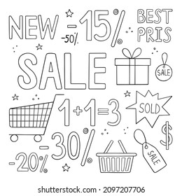 Discounts and Sale doodle. Shopping Tags. Hand drawn vector illustration isolated on white background.