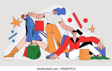 Discounts, sale event, promotion web template. Trendy vector concept illustration of happy women on big sale or black friday buying limited offer product or seasonal collection. Flash sale.