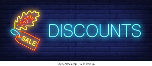 Discounts, sale, minus fifty percent neon text with tag and leaf. Offer or sale advertising design. Night bright neon sign, colorful billboard, light banner. Vector illustration in neon style.