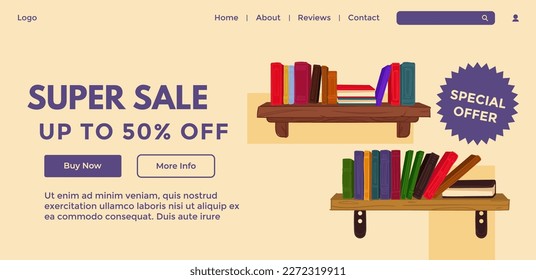 Discounts and sale on books and publication in bookstores. Super promotion and off price on manuals and textbooks. Literature and diaries. Website landing page, online site. Vector in flat style
