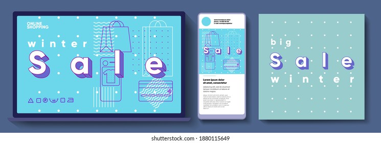 Discounts and Sale, Online Store, Delivery and Online Commerce. Vector illustration , geometric , flat style, linear elements with outline. Winter sale , seasonal discounts.