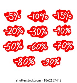 Discounts, sale. Percentages from five to ninety, freehand drawing style. Percentage -5, -10, -15, -20, -30, -40, -50, -60, -70, -80, -90.