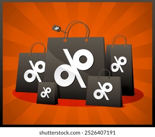 Discounts sale poster with black shopping bags with percent symbols on them against a vibrant red backdrop