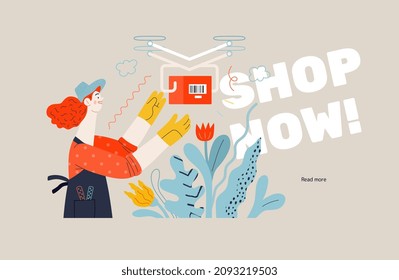 Discounts, sale, promotion -delivery -modern outlined flat vector concept illustration of a woman doing gardening job, wearing apron and gloves receiving an online order shipped with a drone. Shop now