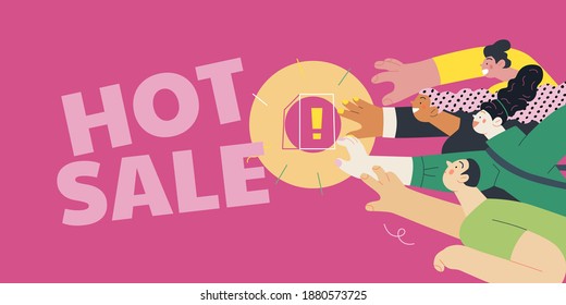 Discounts, sale, promotion - modern flat vector concept illustration of people crowd raising their hands trying to get a limited offer product with an exclamation sign, in the pursuit. Hot sale