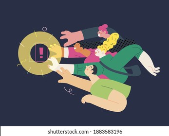 Discounts, sale, promotion - modern flat vector concept illustration of people crowd raising their hands trying to get a limited offer product with an exclamation sign, in the pursuit of sale