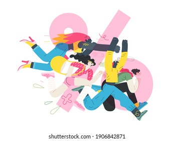 Discounts, sale, promotion - modern flat vector concept illustration of people crowd running in the pursuit of the discounts, with a big percent sign on the background