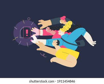 Discounts, sale, promotion - modern flat vector concept illustration of people crowd raising their hands trying to get a limited offer product with an exclamation sign, in the pursuit of sale