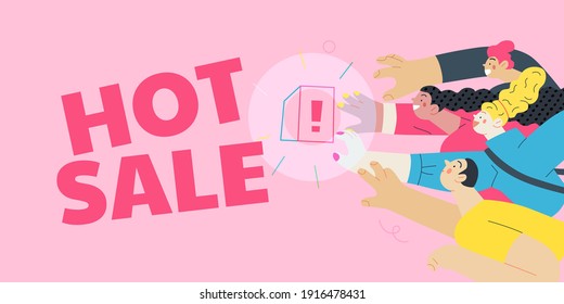 Discounts, sale, promotion - modern flat vector concept illustration of people crowd raising their hands trying to get a limited offer product with an exclamation sign, in the pursuit. Hot sale