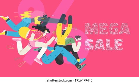 Discounts, sale, promotion - modern flat vector concept illustration of people crowd running in the pursuit of the discounts, with a big percent sign on the background. Mega sale