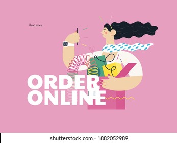 Discounts, sale, promotion - online shopping- modern flat vector concept illustration of a young woman holding a box full of goods. Delivery and online orders concept. Order online call