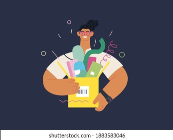 Discounts, sale, promotion - online shopping- modern flat vector concept illustration of a young man holding a box full of goods. Delivery and online orders concept.