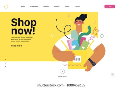 Discounts, sale, promotion - online shopping web template - modern flat vector concept illustration of a young man holding a box full of goods. Delivery and online orders concept. Shop now.