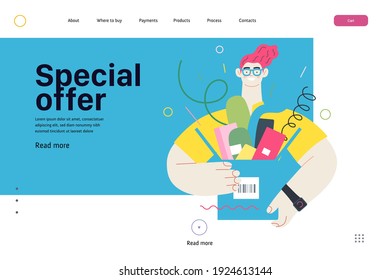 Discounts, sale, promotion - online shopping web template - modern flat vector concept illustration of a young man holding a box full of goods. Delivery and online orders concept. Special offer